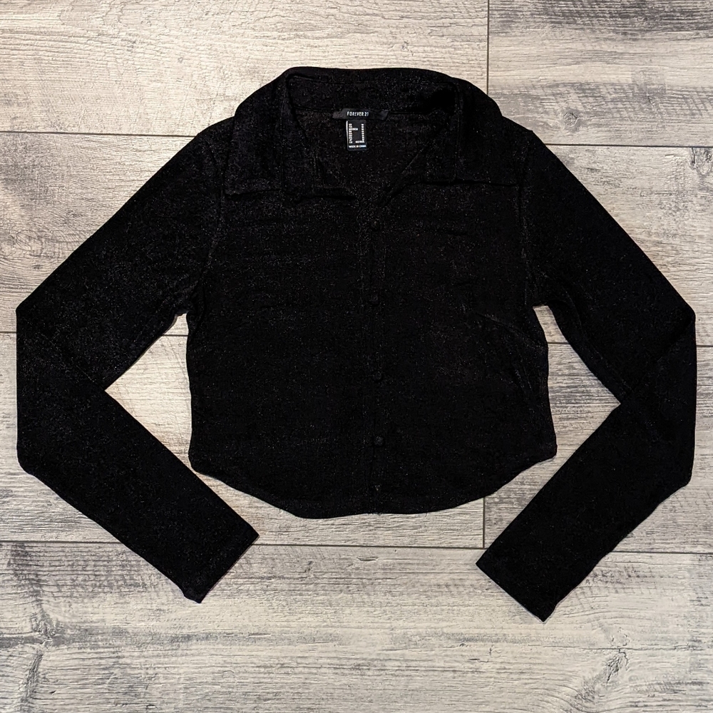 F21 Black Slinky Cropped Button Top